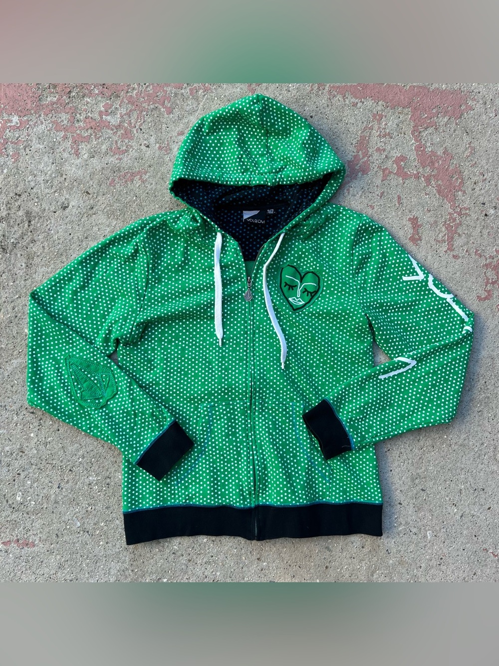 Volcom Y2K Vintage Green Black Polka Dot Zip Hoodie Women Sz XL Skater Emo